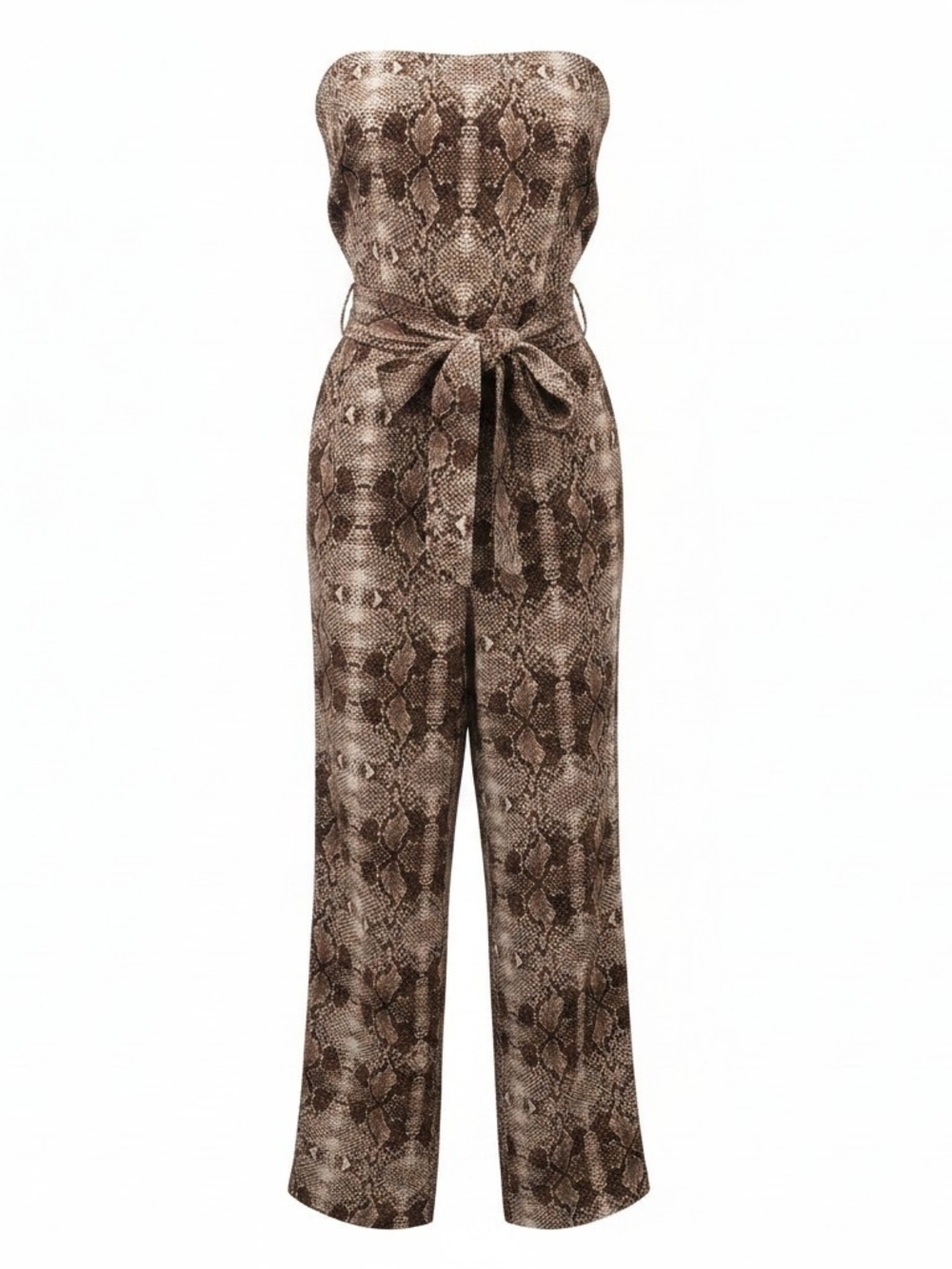 New York & Company Brown Snake Print Strapless Jumpsuit with Tie Waist - M